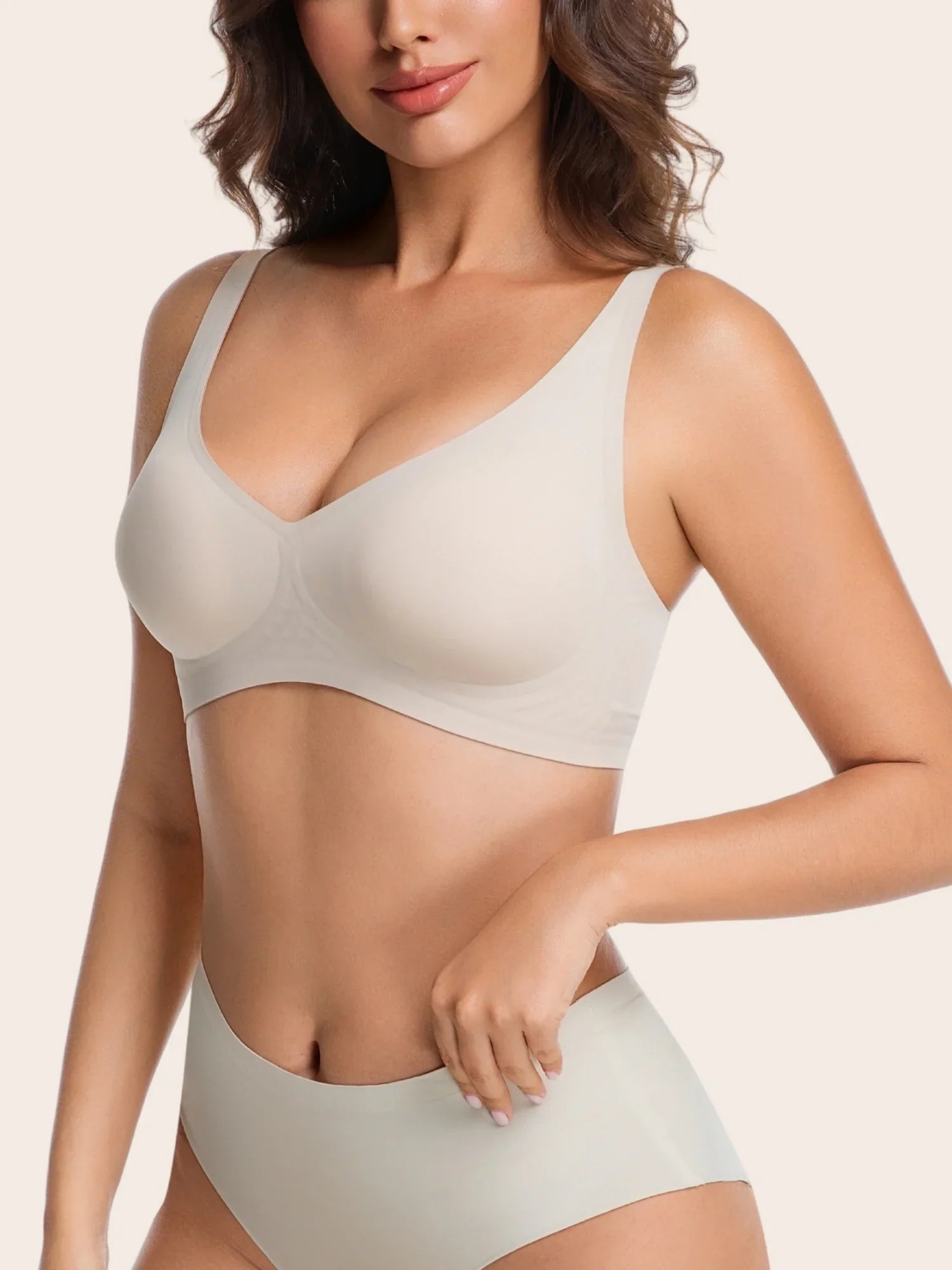 Model wearing Deep V Jelly Bra under outfit - push-up, no wire comfort